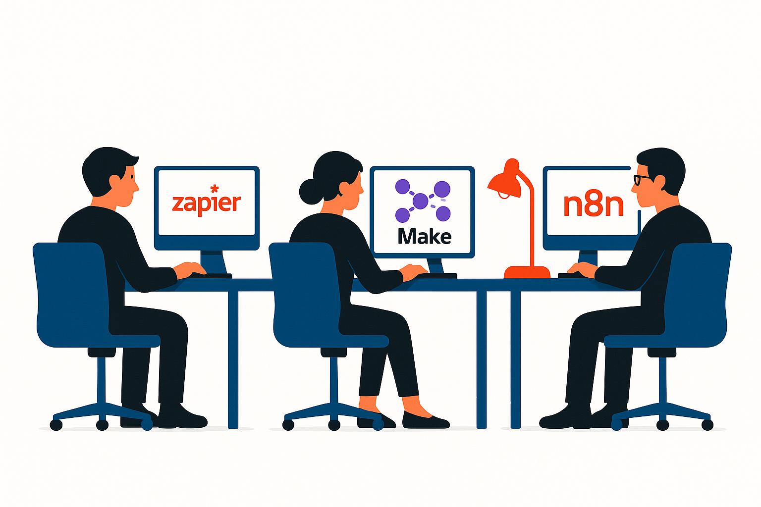 3 Menschen sitzen an Tischen mit Computern, auf den Bildschirmen sind die Namen der 3 Tools zapier, Make und n8n zu sehen