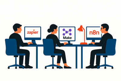 3 Menschen sitzen an Tischen mit Computern, auf den Bildschirmen sind die Namen der 3 Tools zapier, Make und n8n zu sehen