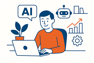 Grafik eines Menschen an einem Notebook mit verschiedenen Symbolen im Hintergrund: AI, Roboter, Zahnrad, Balkendiagramm mit steigender Tendenz