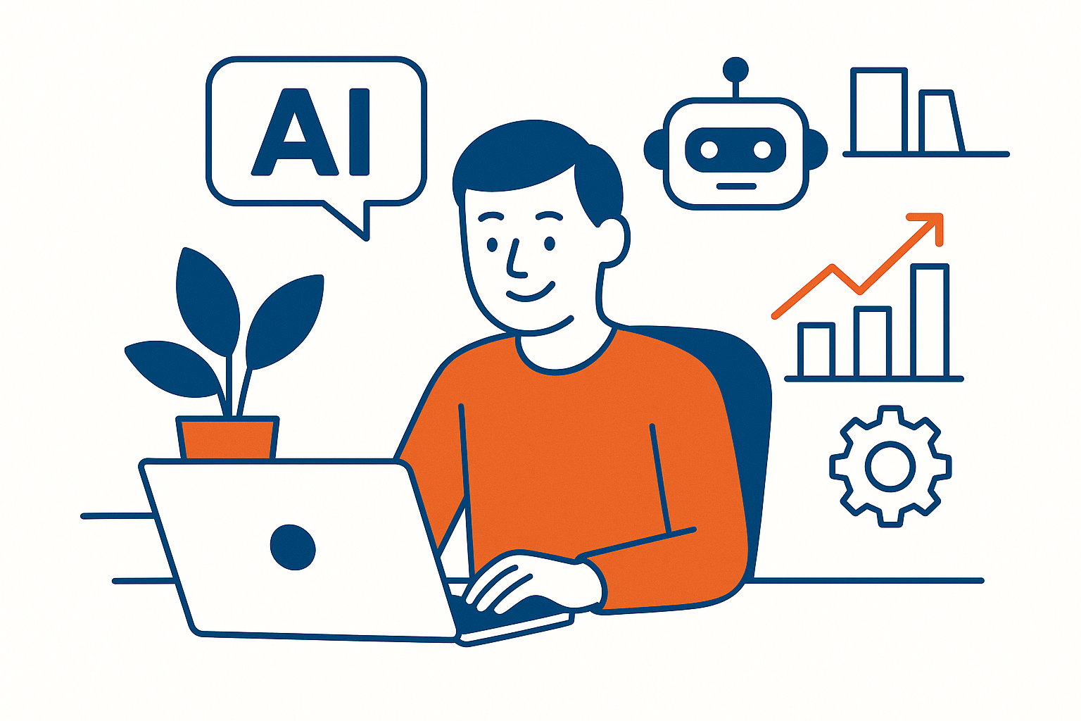 Grafik eines Menschen an einem Notebook mit verschiedenen Symbolen im Hintergrund: AI, Roboter, Zahnrad, Balkendiagramm mit steigender Tendenz