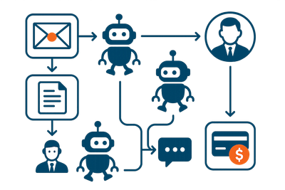 Grafik von Menschen in Kombination von Robotern, die gemeinsam verschiedene Arbeiten realisieren. In Form eines Schaubildes.