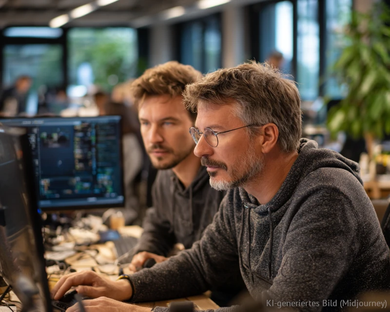 2 Männer arbeiten zusammen in einem Büro am PC - SAM wird im Unternehmen eingelernt