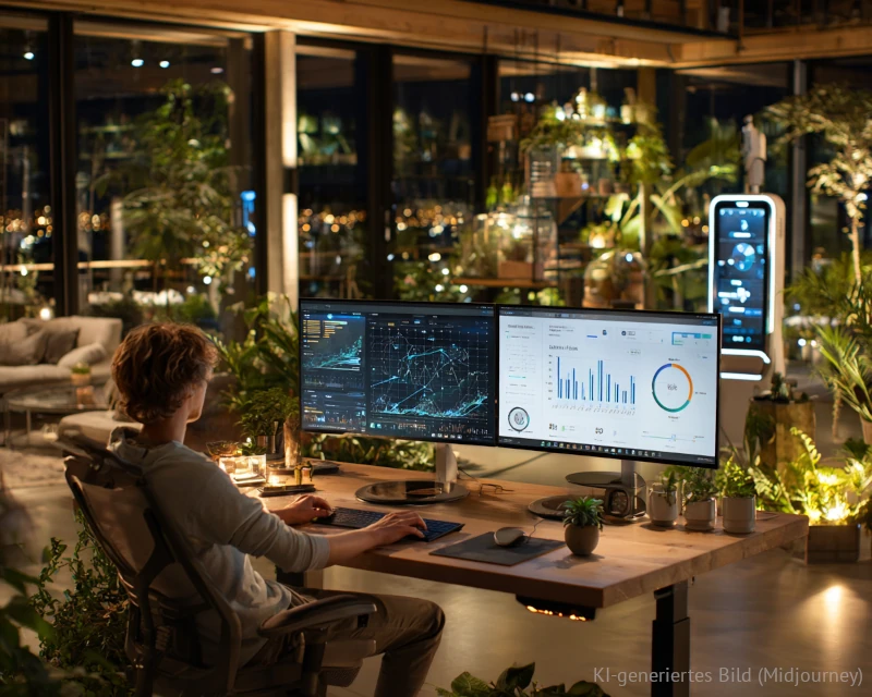 Ein Mann schaut entspannt auf futuristische Displays mit Statistiken - die Arbeit von SAM wird überwacht