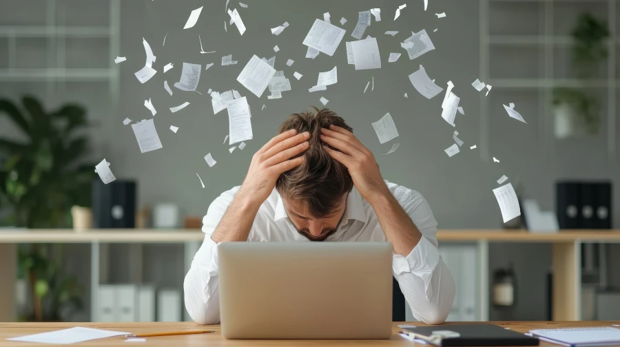 Mann im Hemd vor einem Notebook rauft sich die Haare, überall fliegen Zettel