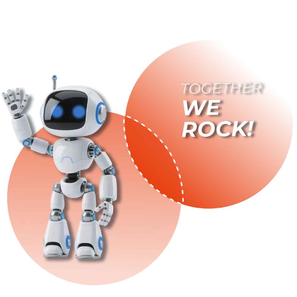 der Roboter SAM winkt, daneben der Schriftzug 'Together we rock!'